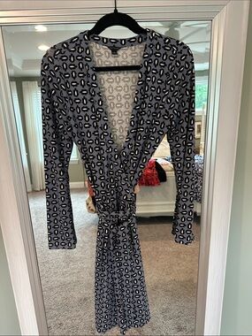 Ann Taylor Blue, Black and White Printed Long-Sleeve Wrap Dress